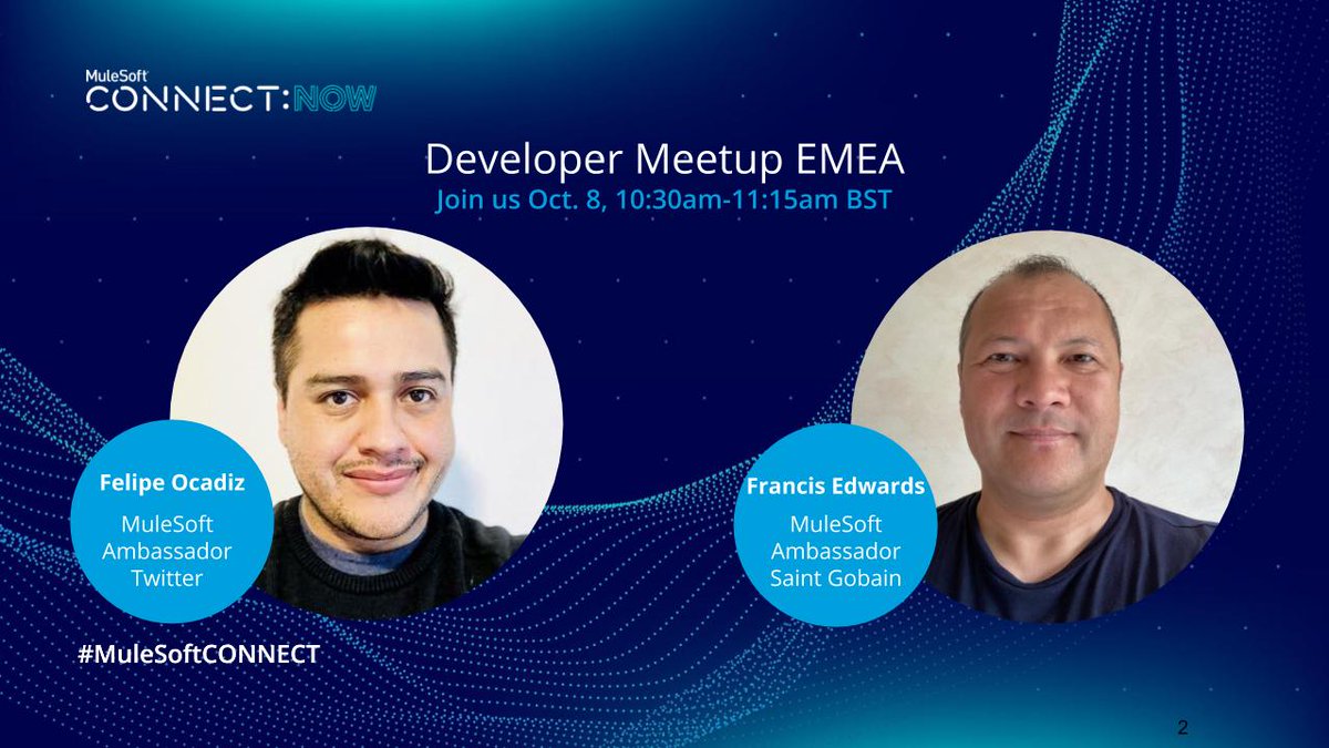 MuleDev's tweet photo. Introducing our Developer Meetup at #MuleSoftCONNECT:Now EMEA speakers! Join us on Oct. 8 from 10:30-11:15am BST to hear technical talks by  @focadiz and @francis_edwards  on Anypoint Studio and other useful tool. 
https://t.co/50CEpyctUN https://t.co/nOWbOlqSIZ