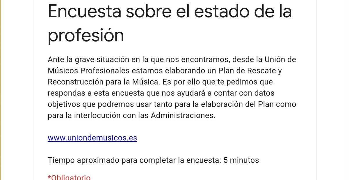 UnionMusicosPro's tweet photo. IMPORTANTE: SI ERES MÚSICO, AYÚDANOS RESPONDIENDO A ESTA ENCUESTA DE LA UNIÓN DE MÚSICOS PROFESIONALES, POR FAVOR.
Sólo son 5 min
Muchas gracias por tu ayuda...👍🏽 Fecha máxima 25 septiembre 2020. https://t.co/EQPy2rmllg https://t.co/97ookL5bDF