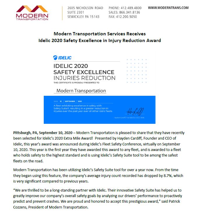 Drive4Modern's tweet photo. Modern Transportation is pleased to share that they have been awarded @Idelictech's 2020 Extra Mile Award, given to a fleet who holds safety to the highest standard and is using Safety Suite to be among the safest fleets on the road! @fleetowner @TransportTopics @bulktransporter https://t.co/0XH9KaJiWZ