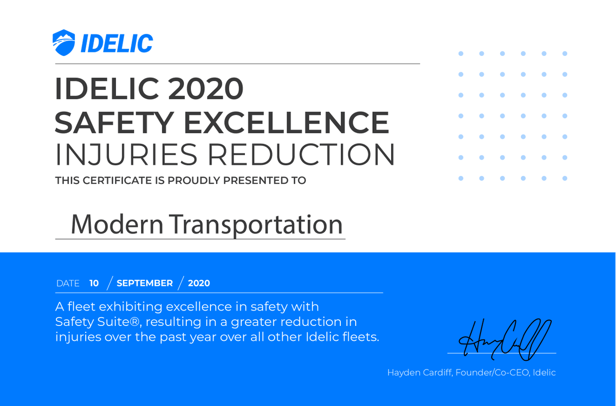 Drive4Modern's tweet photo. Modern Transportation is pleased to share that they have been awarded @Idelictech's 2020 Extra Mile Award, given to a fleet who holds safety to the highest standard and is using Safety Suite to be among the safest fleets on the road! @fleetowner @TransportTopics @bulktransporter https://t.co/0XH9KaJiWZ