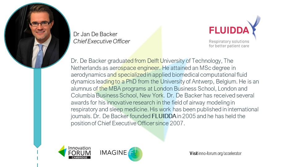 Our fifth IMAGINE IF! mentor is Dr Jan De Becker, CEO <a href="/FluiddaNV/">FLUIDDA</a> which develops novel imaging biomarkers for respiratory diseases. Our mentors will help your idea to gain traction and flourish. Apply here: inno-forum.org/accelerator/ #innovate #healthcare