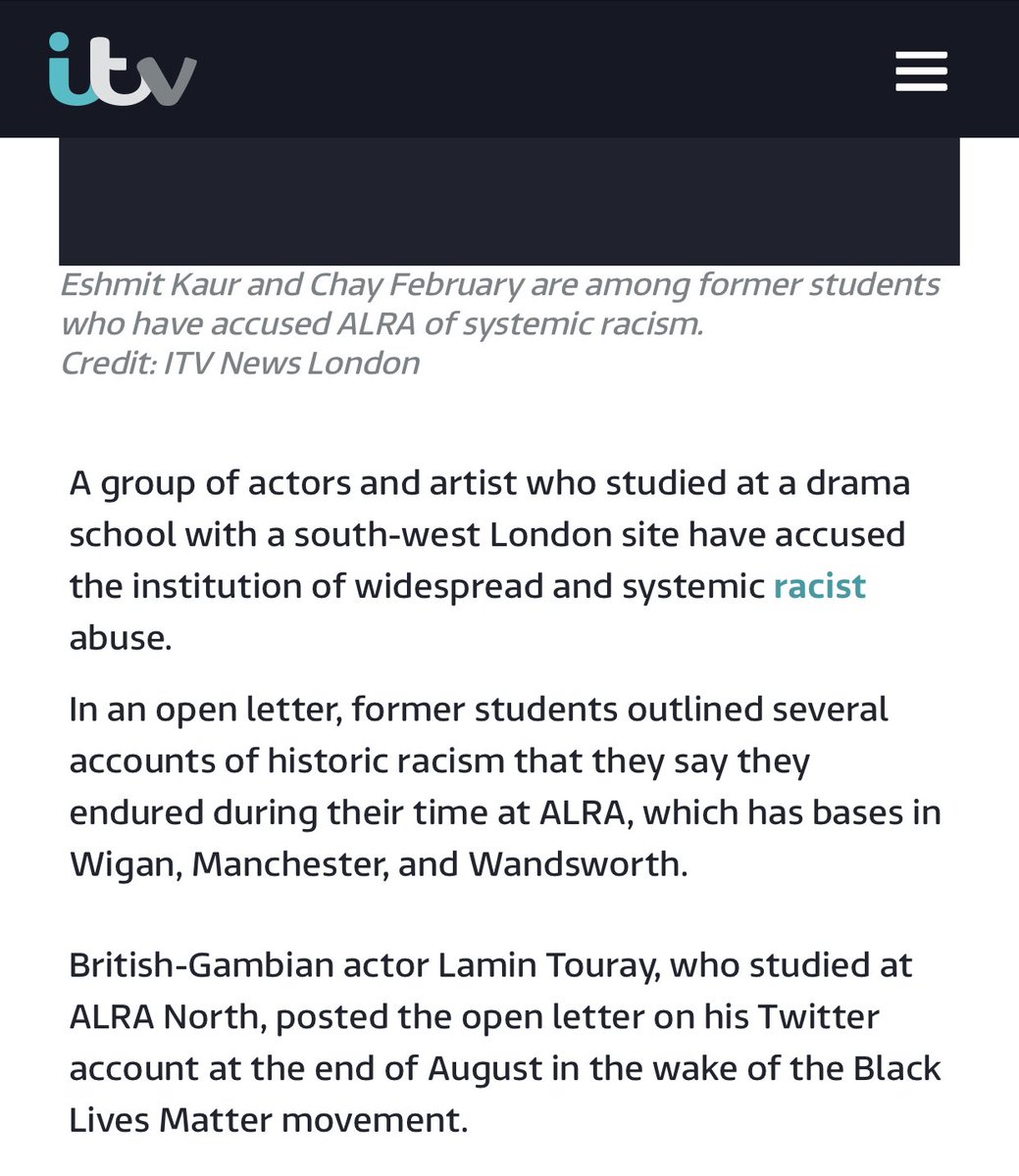 lamintouray96's tweet photo. Brilliant story and headline news !!!  today from @itvlondon calling out @ALRADrama  and the racism that runs through it’s institution. @adihall  enough is enough 👋🏽 #BlackLivesMatter https://t.co/DQND2bHgZC