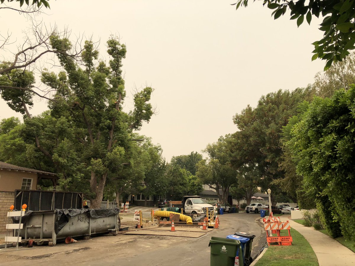 revarevisPR's tweet photo. Yesterday, smoke from the wildfires and the shit smell from the sewer repair project in front of my house were fighting it out. Today, smoke is victorious. This picture doesn’t quite capture how odd this glowing greyish white sky is. #2020AF #bobcatfire https://t.co/nuEa2HMqis