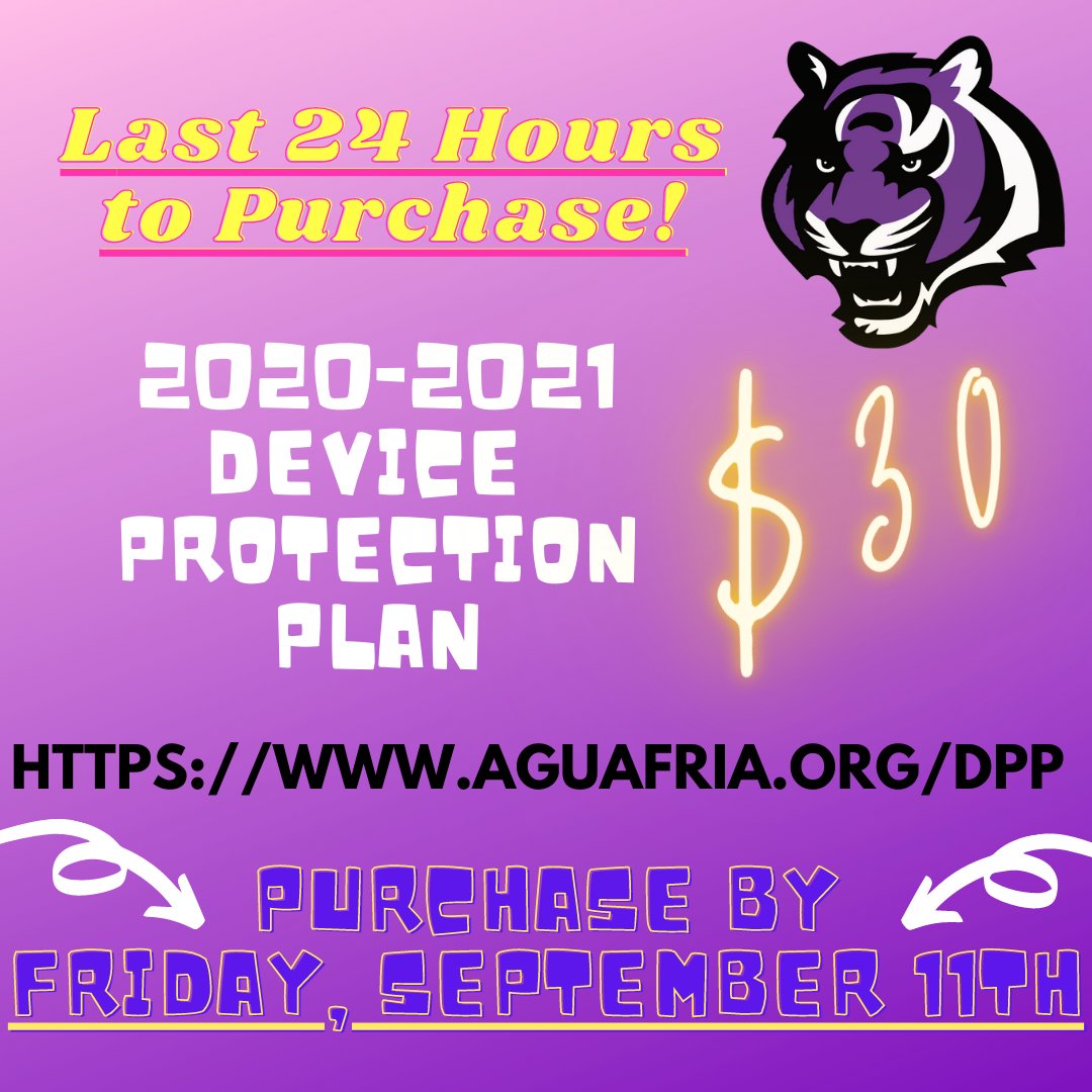 Avoid hefty Chromebook repairs fees, and purchase the Device Protection Plan (DPP) for $30! DPP must be purchased by Friday, September 11th.  That's tomorrow!
After September 11th, it's too late and full price repairs will be billed. Visit aguafria.org/dpp for more info!