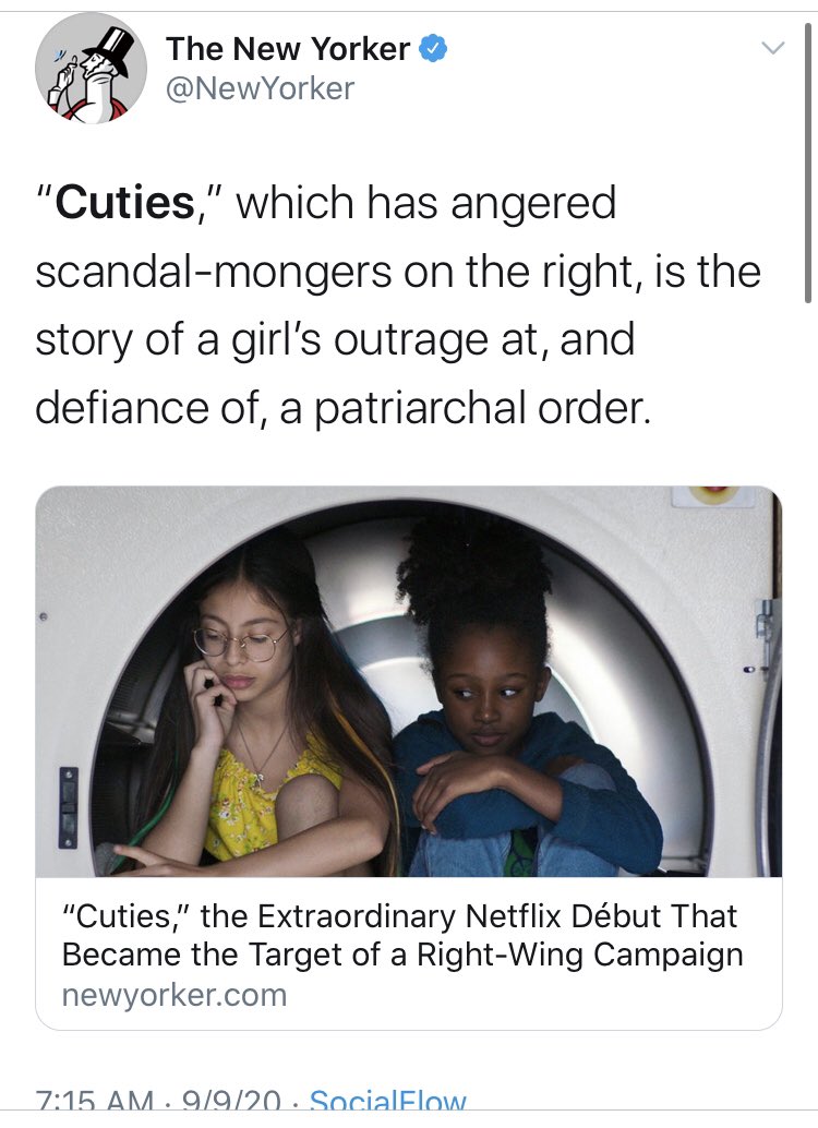 He’s far from alone. Outlets lined up to defend the movie and  @Netflix’s decision to run it. The worst might be  @NewYorker. Amazing that, to them, only “scandal-mongers on the right” are concerned by the sexual exploitation of 11 year old girls.