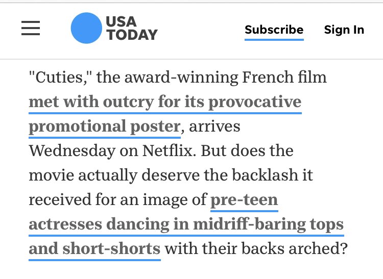  @USATODAY pulled a similar runaround. This is simple. “Pre-teen actresses dancing in midriff-barring tips and short shorts with their backs arched” isn’t a sentence that should exist in the English language.