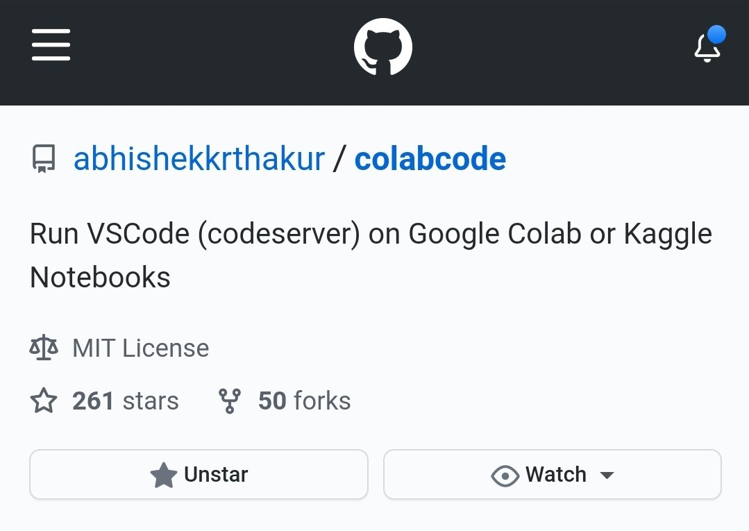 ColabCode: a super simple tool to run vs code on colab and <a href="/kaggle/">Kaggle</a> notebooks has reached 250+ stars and 50 forks in just 1 day! It takes just 2 lines to start code server. ;) Now with https, mounting drive and password protection. More soon!! 🎉🎉
github.com/abhishekkrthak…