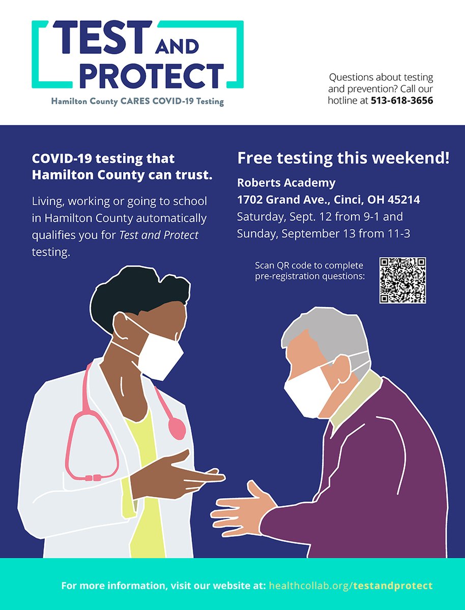 hcollaborative's tweet photo. 📌 EVENT ALERT: This weekend there's a Hamilton County CARES #TestAndProtect event to be held at Roberts Academy:
- Sat, Sept 12 (9am-1pm)
- Sun, Sept 13 (11am-3pm)

Click graphic for more info &amp;/or if you prefer to pre-register. #COVID19 https://t.co/103wLmTWWn