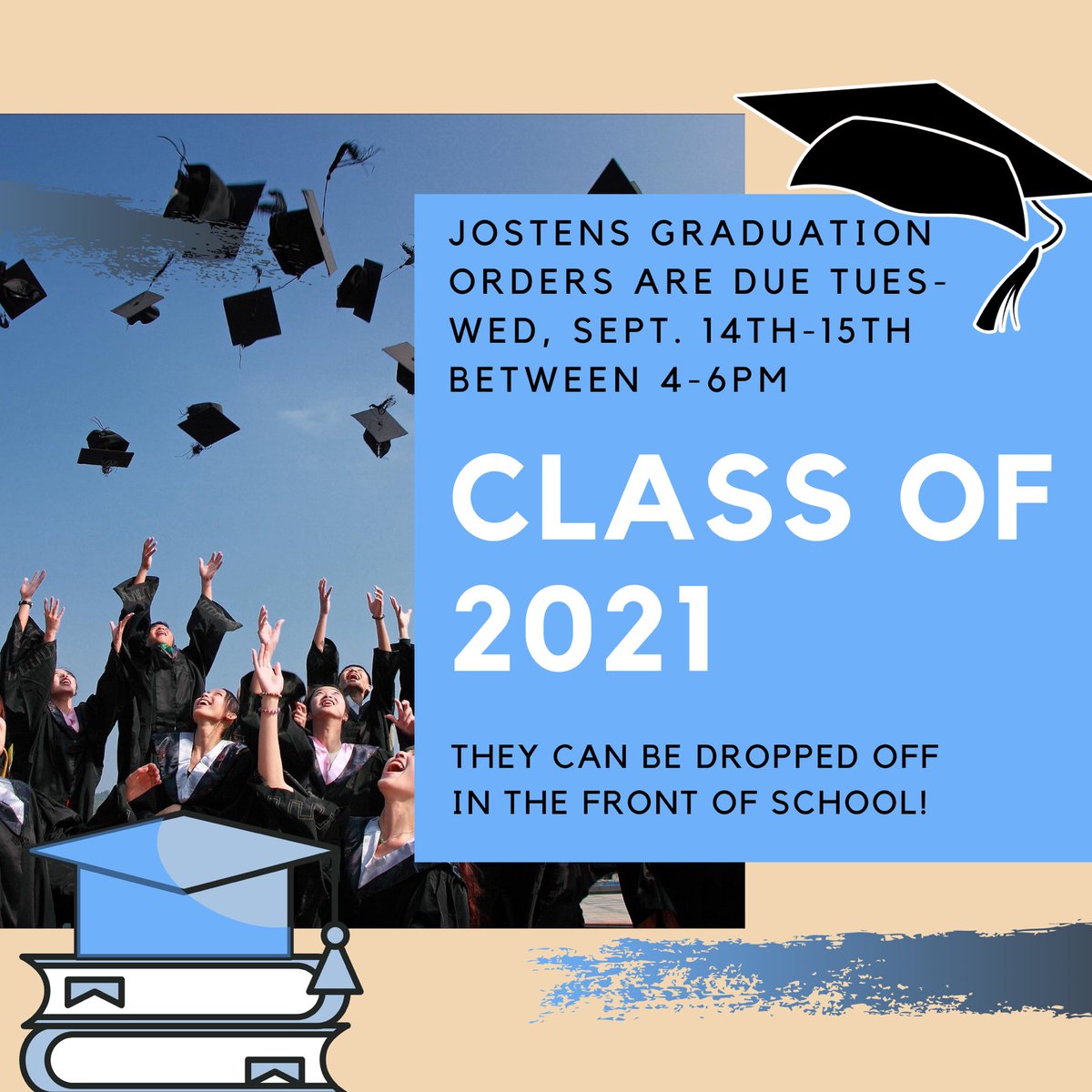 Just a friendly reminder that your graduation order drop off day with Jostens is on Monday &amp; Tuesday, Sept. 14-15 between 4pm-6pm.  Just drive up to the front of Lakeridge and you'll see where to go! This is the package that you picked up at supply pick up!