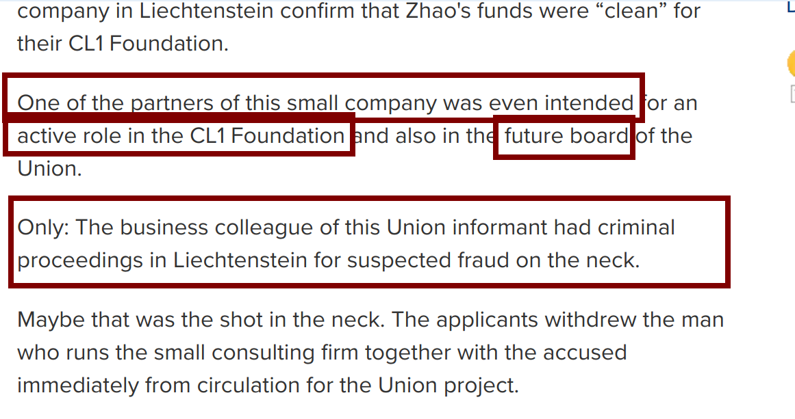 7b/ Also turns out that the entity they had vouch for Binance (i.e., to state that their "funds were clean"), ended up facing criminal proceedings initiated by Lichtenstein authorities for alleged fraud (among other things)note: "shot in the neck" = mistranslated euphemism