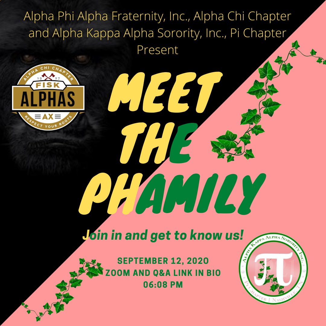 43rd House of Alpha (@ax_alphas) on Twitter photo Want to meet your fellow fiskites? Please join us and the Pi Chapter of Alpha Kappa Alpha Sorority Inc. September 12th to ask any questions you may have about school, ourselves, or our organization! See Instagram page for link <a href="/ax_alphas/">43rd House of Alpha</a> & @aka_pi1921 Log on and 🖤MEET THE PHAM💕 Want to meet your fellow fiskites? Please join us and the Pi Chapter of Alpha Kappa Alpha Sorority Inc. September 12th to ask any questions you may have about school, ourselves, or our organization! See Instagram page for link <a href="/ax_alphas/">43rd House of Alpha</a> & @aka_pi1921 Log on and 🖤MEET THE PHAM💕