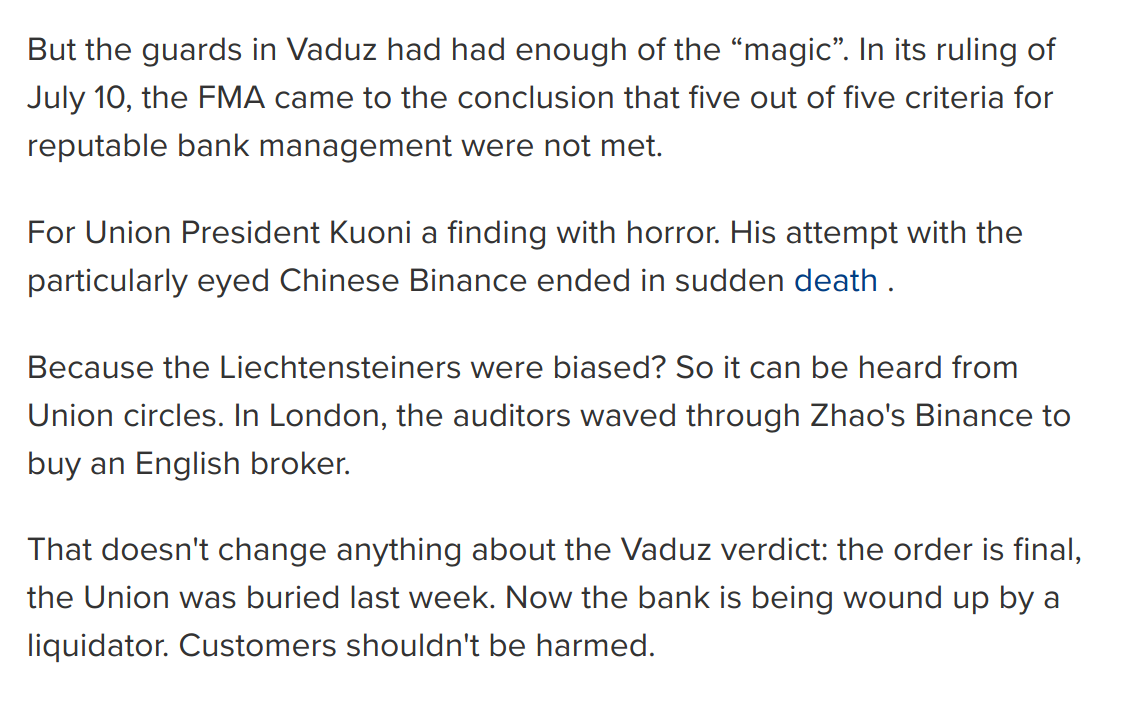 8/ As you can imagine, Binance's bid to buy the bank was denied. The FMA found that "five out of five" criteria an applicant must have were not satisfied by Binance. The article posits potential discrimination / bias as a reason for the denial (at least what "some" say)