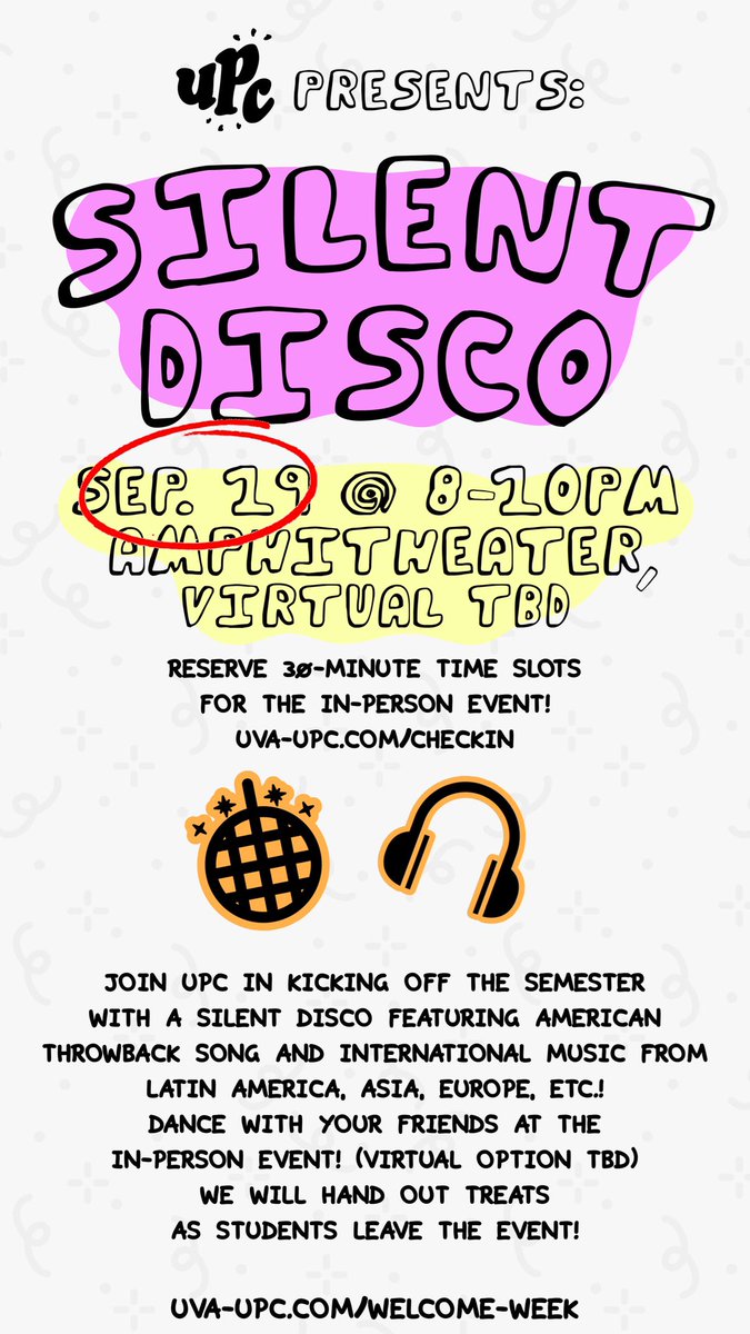 uvaupc's tweet photo. Silent Disco event has moved to next Saturday due to the rain! https://t.co/LTK7WTq2EL