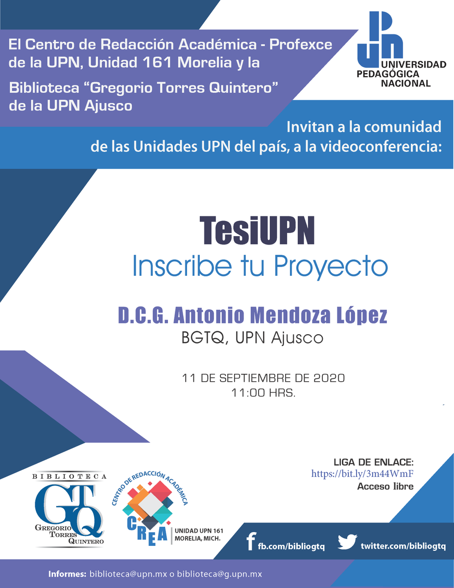 bibliogtq's tweet photo. Acompáñanos mañana a las 11 horas a la presentación del proyecto #TesiUPN a través de Google Meet: https://t.co/3f5ptT2noE

Invitan El Centro de Redacción Académica - Profexce de la @UPN161Morelia y la @bibliogtqde la @UPN_MX 

#BiblioGTQ #UPNmx https://t.co/NW6Ci3Be0M