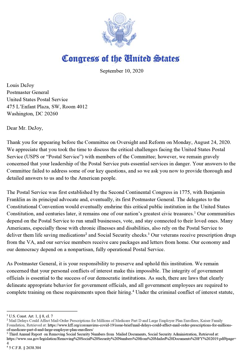 Postmaster General DeJoy is responsible for safeguarding  @USPS, but it appears his personal conflicts of interest make it impossible for him to do the job. Mr. DeJoy failed to adequately address this during a recent hearing, so my colleagues and I are demanding more info. (1/3)