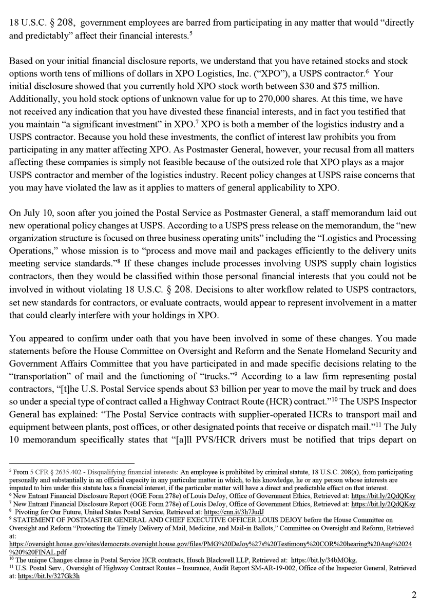 Postmaster General DeJoy is responsible for safeguarding  @USPS, but it appears his personal conflicts of interest make it impossible for him to do the job. Mr. DeJoy failed to adequately address this during a recent hearing, so my colleagues and I are demanding more info. (1/3)