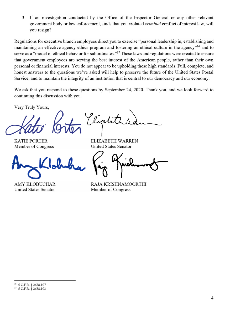 Postmaster General DeJoy is responsible for safeguarding  @USPS, but it appears his personal conflicts of interest make it impossible for him to do the job. Mr. DeJoy failed to adequately address this during a recent hearing, so my colleagues and I are demanding more info. (1/3)