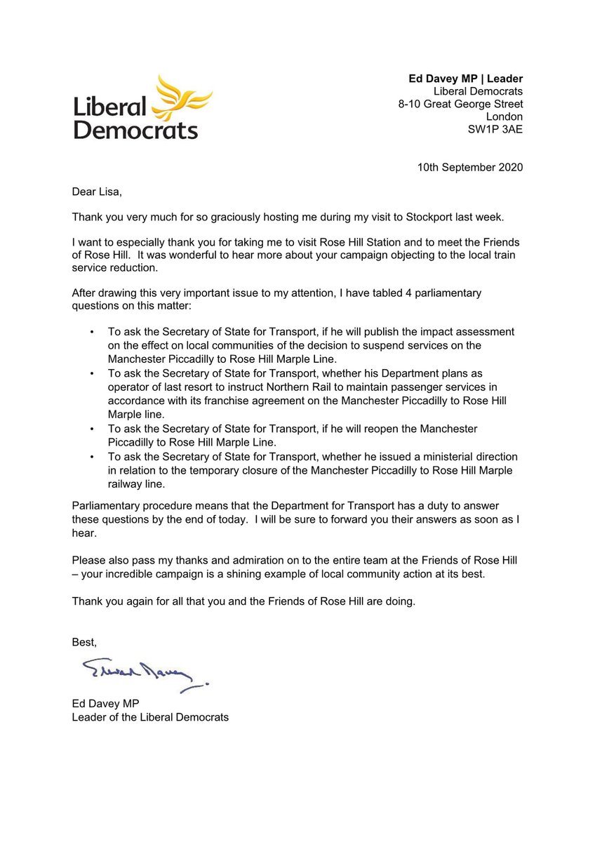 Ed Davey, leader of the Liberal Democrats, visited Rose Hill Station, spoke to members of the Friends of Rose Hill Station Group and submitted Parliamentary questions to the Transport Secretary.