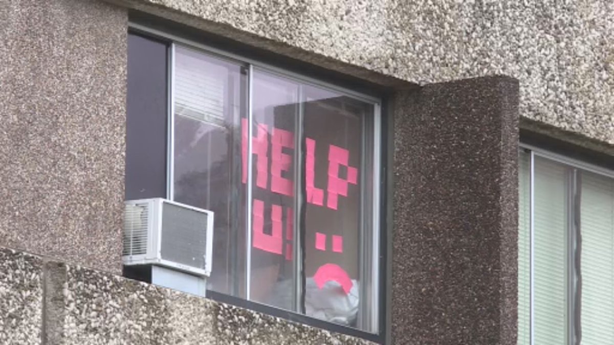 GabriellaRusk's tweet photo. A  few of the "messages" from dorm windows at Witte and Sellery, the two UW-Madison residence halls directed to quarantine for two weeks. @nbc15_madison #NBC15 https://t.co/lMG9zCmxEc