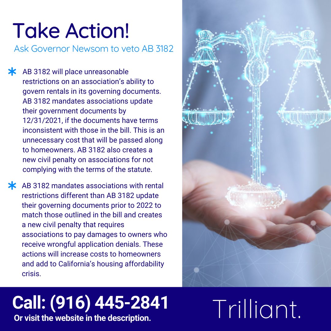Trilliant_Inc's tweet photo. Help take action and oppose this bill that would put an extra financial strain and further restrictions on communities in California. Ask Governor Newsom to Veto Bill AB 3182!
Visit: https://t.co/ts6pd8kqPN?
#Trilliant #HOA #HomeownerAssiciation #Community #Veto #AB3182 #VoteNo https://t.co/H597B0LRGE
