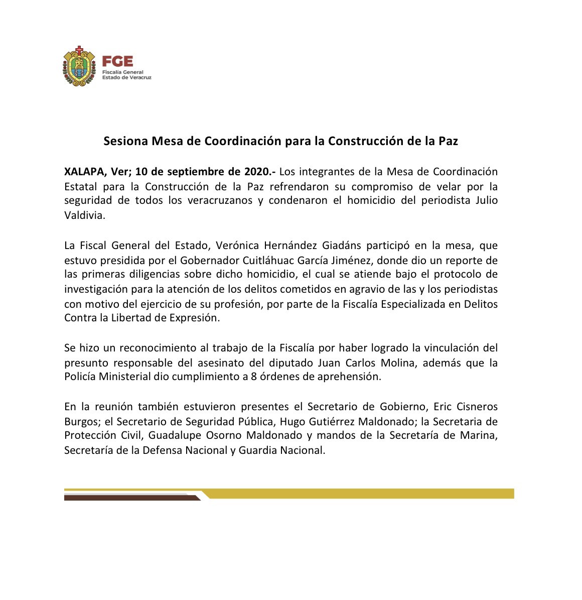 FGE_Veracruz's tweet photo. #ActividadFGE | 📌 Está mañana, integrantes de la Mesa de Coordinación para la Construcción de la Paz refrendaron su compromiso de velar por la seguridad de todos los veracruzanos y condenaron el homicidio del periodista Julio Valdivia. https://t.co/T5TfKZ1KTH
