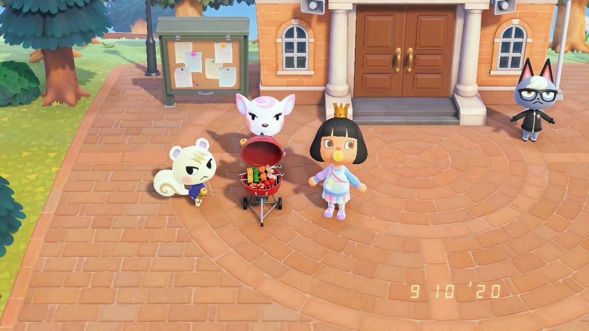 ubetarte's tweet photo. this is my first time seeing a barbecue on the plaza and i’m SHOOK. look at my villagers holding their little kabobs 🥺🥺🥺 (peep raymond t-posing) #acnh #AnimalCrossing https://t.co/dGOSlcR2zG