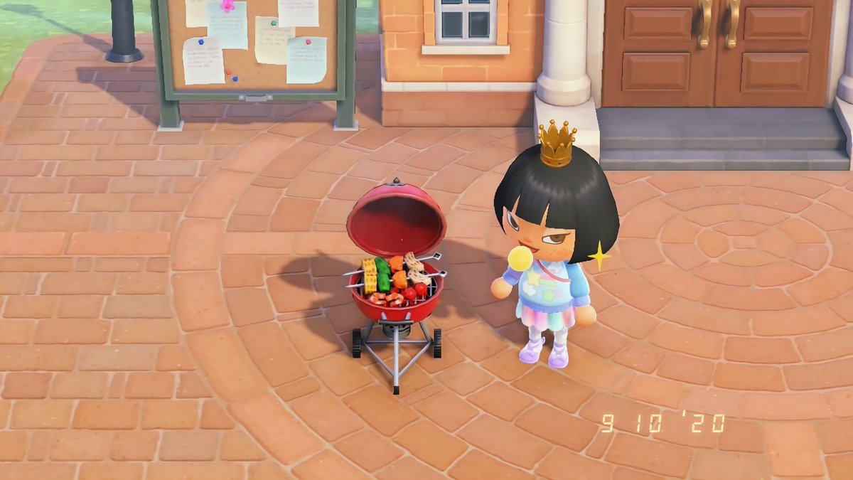 ubetarte's tweet photo. this is my first time seeing a barbecue on the plaza and i’m SHOOK. look at my villagers holding their little kabobs 🥺🥺🥺 (peep raymond t-posing) #acnh #AnimalCrossing https://t.co/dGOSlcR2zG