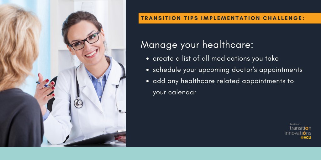 VCU_CTI's tweet photo. This week's Transition Tips #ImplementationChallenge is about practicing how to manage your healthcare:
⚪️ create a list of all medications you take
⚪️ schedule your upcoming doctor's appointments
⚪️ add any healthcare related appointments to your calendar https://t.co/Cn4NeFlUGl