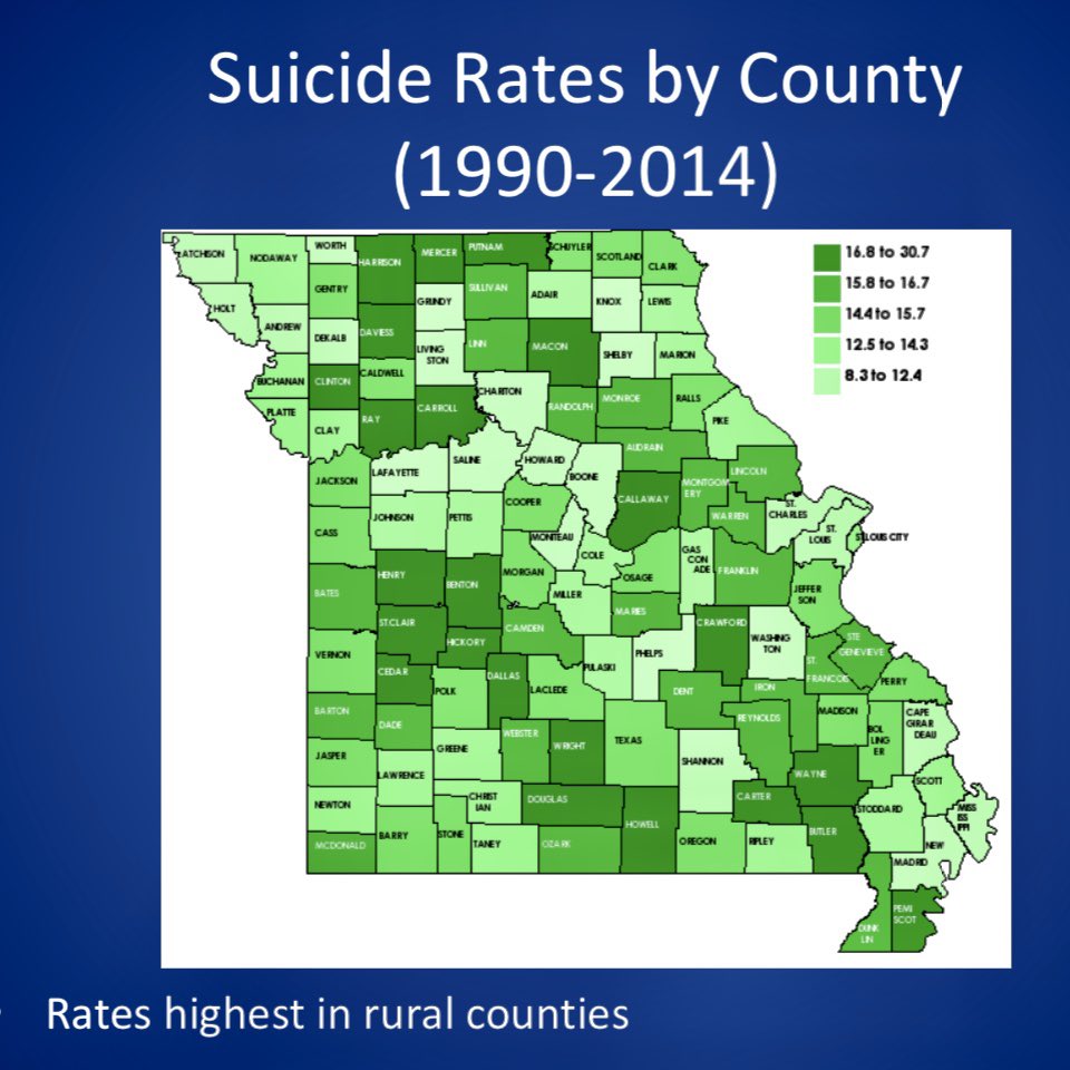 Also, the highest rates of suicide occur in Missouri’s Rural Counties. {2/6} http://suicidepreventionconference.com/wp-content/uploads/2017/07/Sale-Slides-Show-Me-You-Care-8-10-17.pdf