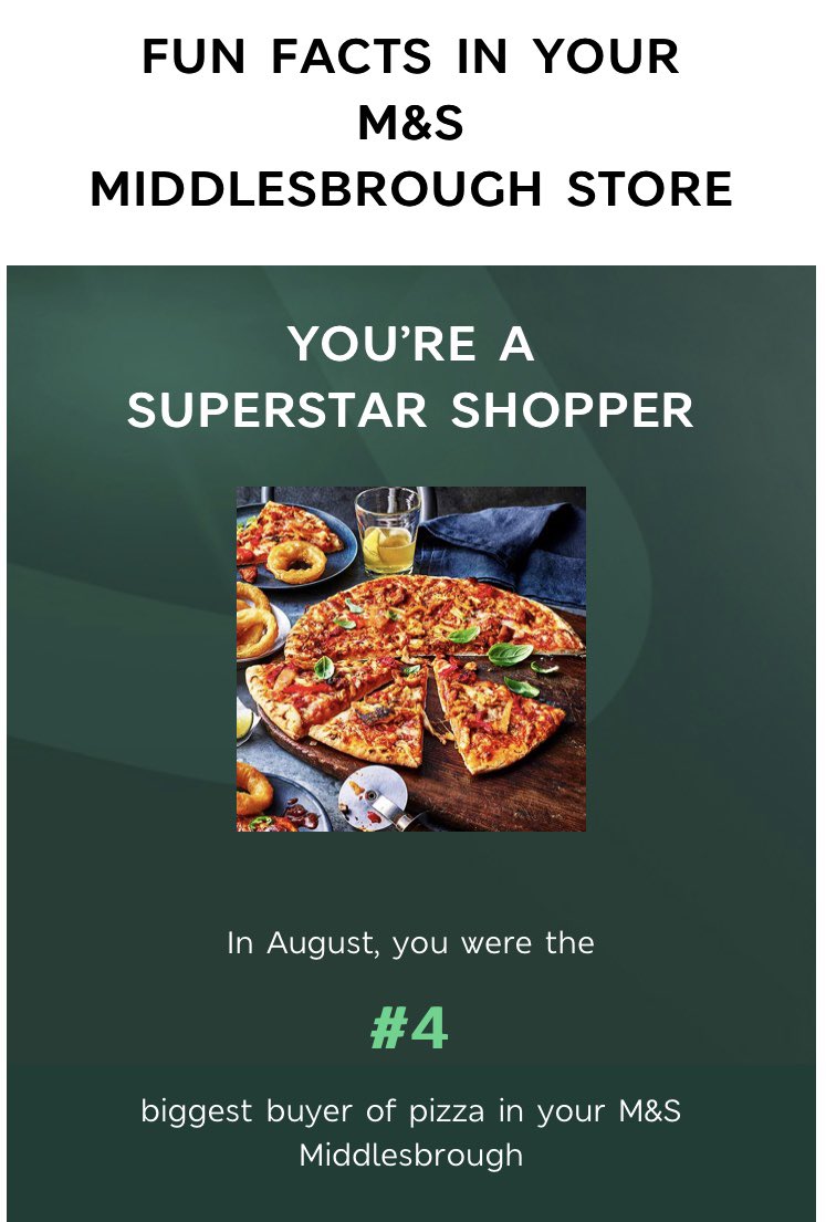 deblee72's tweet photo. Not sure how I feel about this email from @marksandspencer #Middlesbrough Should I feel ashamed or should we try harder to be in a medal position next month? S just said we need to eat more pizza 😂 🍕 https://t.co/CoFR4byvas