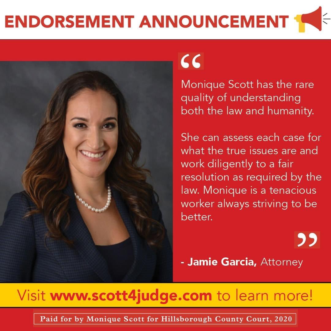 Scott4Judge2020's tweet photo. ENDORSEMENT ALERT ��📣

Our #TeamMonique is so excited to welcome Jamie Garcia into our #Scott4Judge list of endorsees!

If you want to be featured in one of our posts, please visit https://t.co/qPb3NlPFLH to learn how you can help! https://t.co/hhfpSGBs3B
