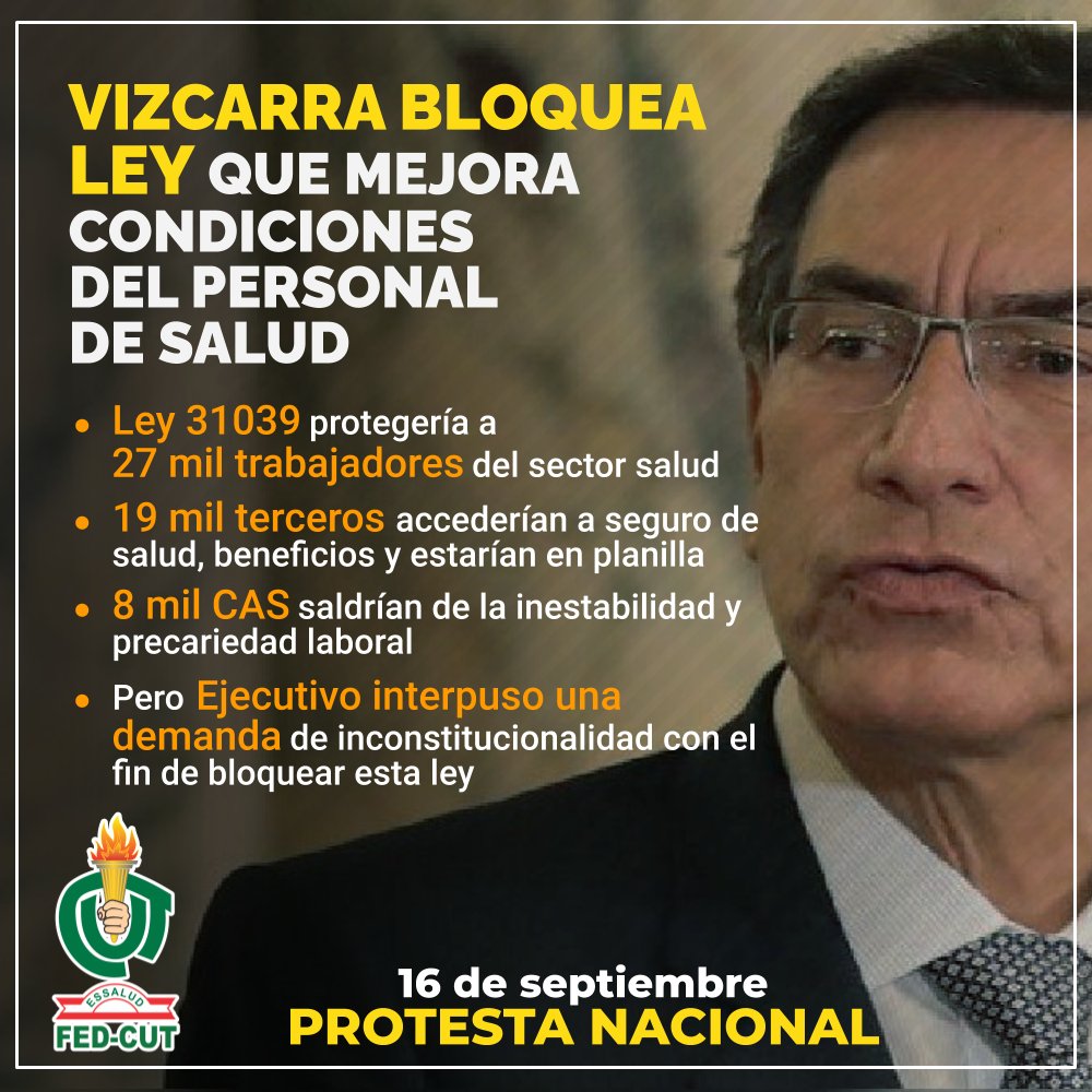 FedCut's tweet photo. 📢 ¡No queremos aplausos, necesitamos derechos, Sr. Vizcarra! Ante su rechazo a la Ley 31039 que nos otorga beneficios laborales, los trabajadores de la salud convocamos a la Protesta Nacional el 16 de septiembre. ¡Precariedad laboral nunca más! 

¡Unidos somos más fuertes! 💪 https://t.co/sbcEvTg75y