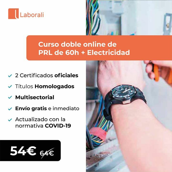 Curso Prevención de Riesgos de 60 horas
y PRL Electricidad

Obtén dos Títulos Oficiales.
Actualizado con la normativa COVID-19 (coronavirus)
Válido ante la inspección laboral y ETT en toda España
Multisectorial para diversas actividades laborales.
Envío … laborali.com/prl-curso-prev…
