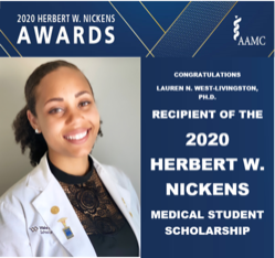 wakeforestmed's tweet photo. Congratulations to our MD/PhD student, @LWestLivingston PhD, recipient of the 2020 Herbert W. Nickens Medical Student Scholarship awarded by the @AAMCtoday. https://t.co/BX7n5Zxlug