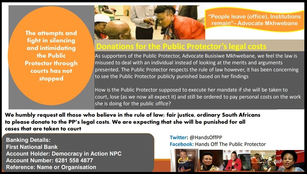 Ramaphosa and the corrupt judiciary are very clear, the punishing of Advocate Mkhwebane will not end, at least not now

Let's assist the Public Protector again leaders; they'll do this until she RESIGNS. Devils are fully in charge and abusing a woman 

Banking details here: 👇🏽