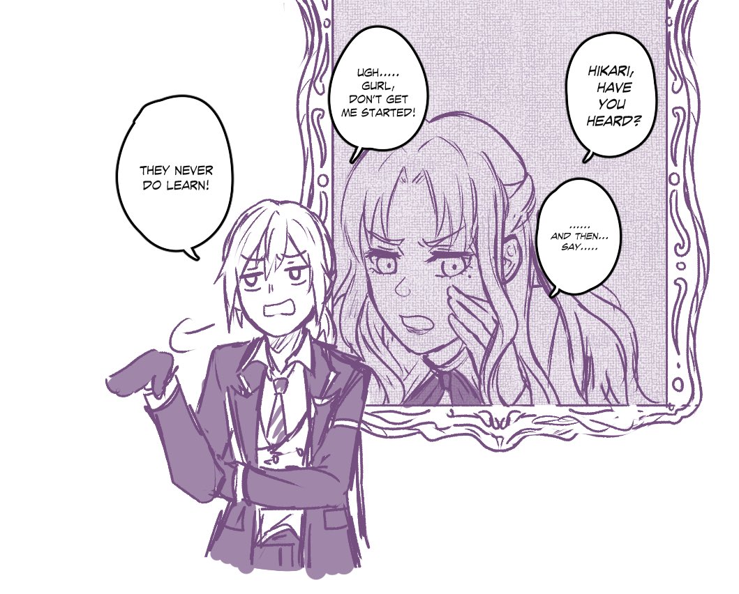 Can't seem to draw today and this is all that that I can draw lol
Rosalia and Hikari gossips
ロザリア:ね、ね、知っていますか?....その…また…
監督生:全く!あいつら…間違いから学べないだよな!
#twstプラス