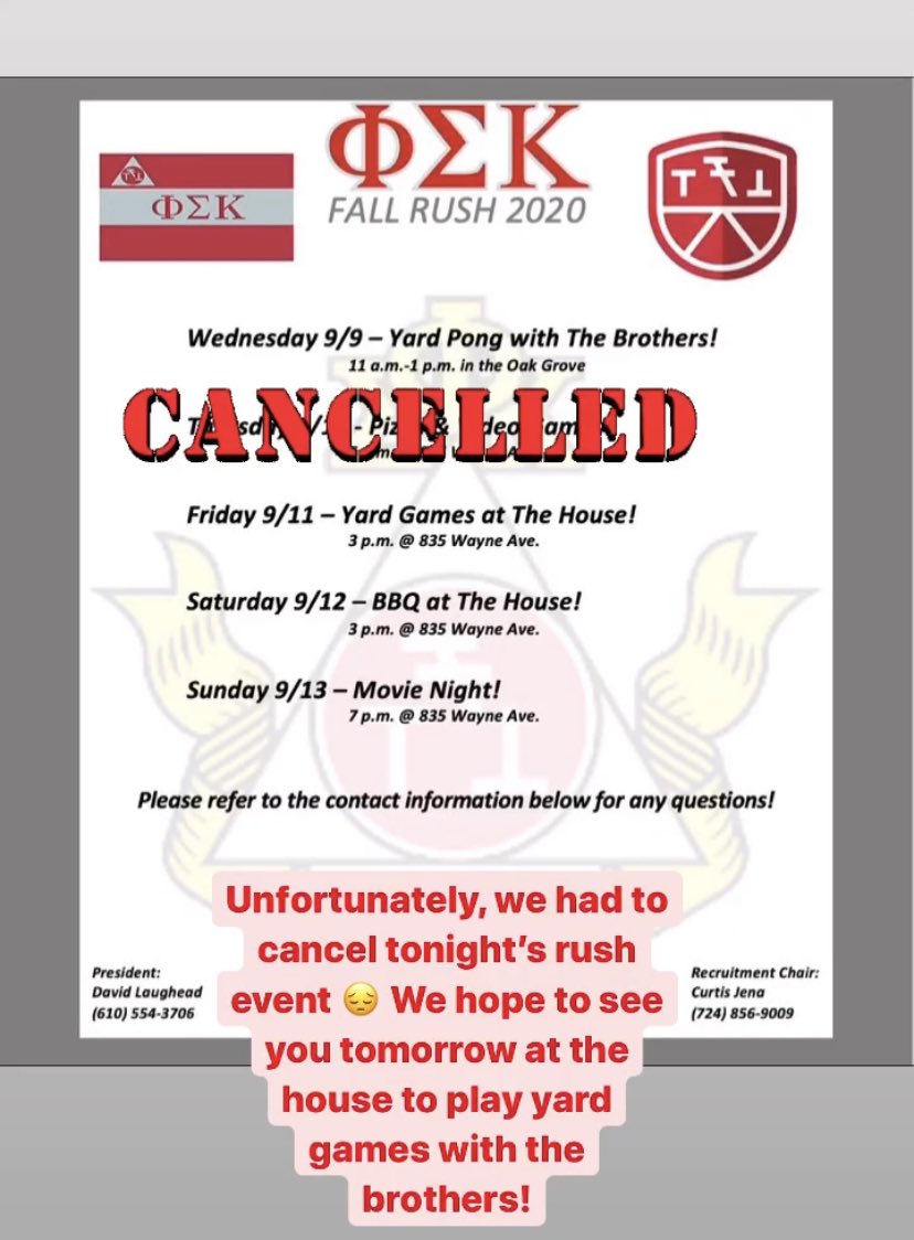 Tonight's rush event is canceled! We hope to see you tomorrow at the house to play yard games with the brothers 😎