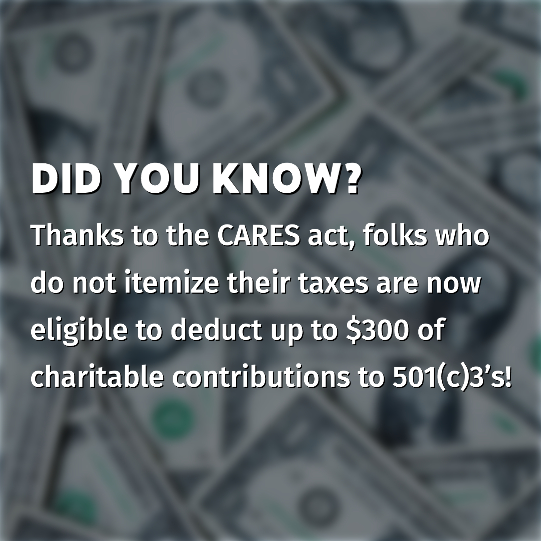 Great news! Thanks to the CARES Act, folks who use a standard tax deduction are now eligible to deduct up to $300.00 in charitable contributions to 501(c)3 nonprofits! This is a great incentive for supporting local organizations.
Support our work today at creativesantafe.org