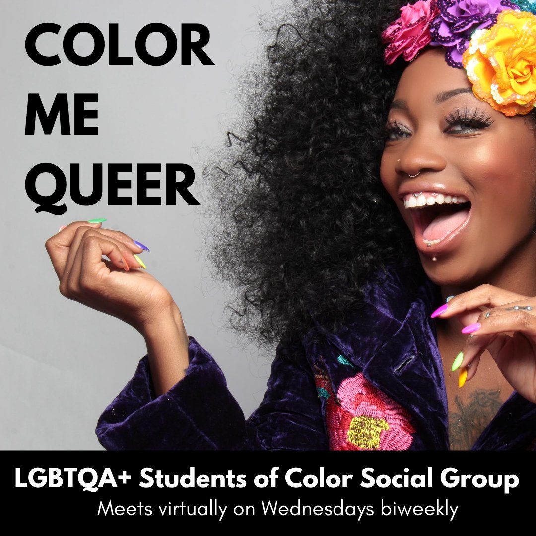 MSUGSCC's tweet photo. Join Color Me Queer! This LGBTQA+ Students of color support group meets biweekly on Wednesdays and engages in self-care, identity exploration, and conversations about the intersections of race and LGBTQA+ identities. Register at: https://t.co/56wT0wrtyi https://t.co/pqVrCxq1gr