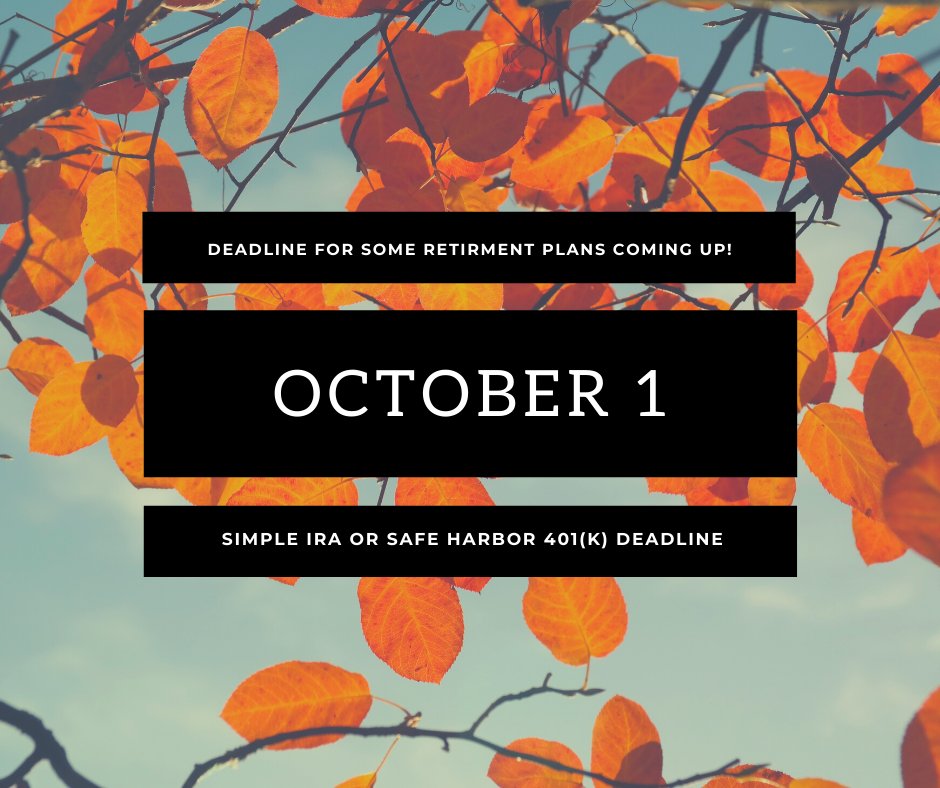 LandmkFinancial's tweet photo. The deadline to set up a SIMPLE IRA or Safe Harbor 401(k) is coming up! Contact us today to learn more about the benefits of these plans.
#SIMPLEIRA #safeharbor401k #401k #business #businessowner #entrepreneurtips #smallbusiness #smallbiz #finance #financialadvisor https://t.co/NZdI0IuE5s