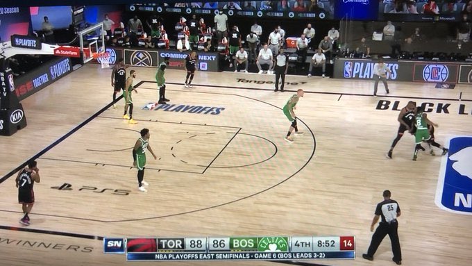 OGs_Burner's tweet photo. Wow unbelievable. Brad Stevens should be fined and suspended for stepping onto the court. Very obviously in a shooting motion calling for the ball. NBA needs to look at this immediately and just give the Raptors the win for game 7. https://t.co/2VxVN9XqBQ