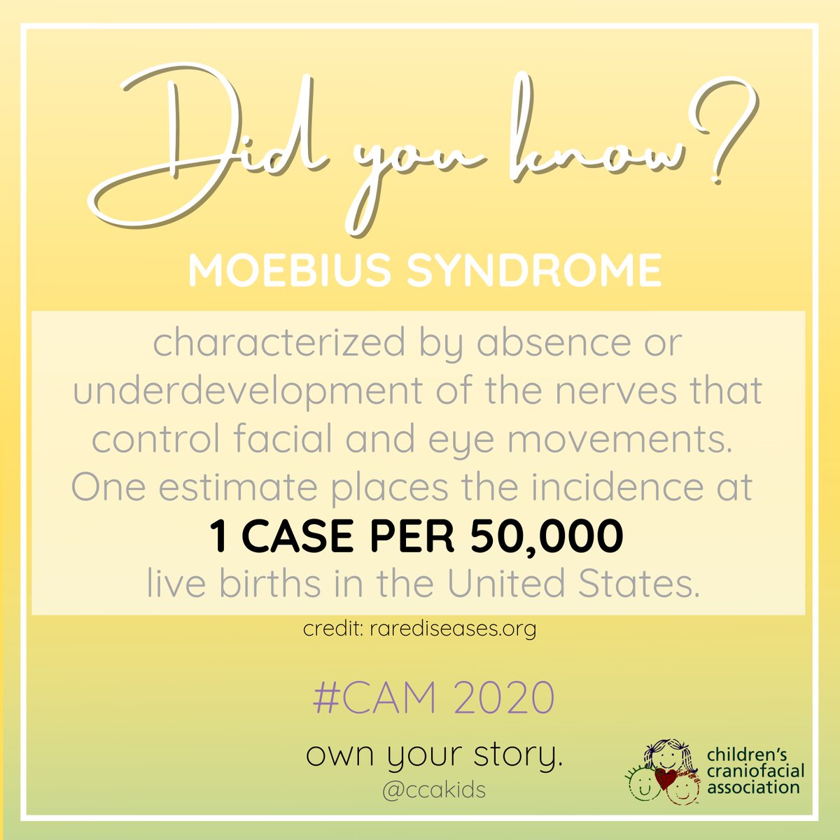 CCAKidsTweet's tweet photo. // โโฃโ โ โ โ โ โ
Did you know?! โฃโ โ โ โ โ โ
#DidYouKnow #CAM #CAM2020 #Craniofacial #CraniofacialAcceptanceMonth #CamReflect #facialdifference #MoebiusSyndrome https://t.co/6we6ugm03T