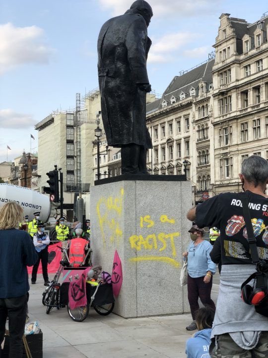 Nigel_Farage's tweet photo. How can this country stand by as Churchill’s statue is defaced again, yet the rest of us will be fined if more than six people meet together? Boris better get a grip and fast. https://t.co/q3UdWS0Dg4