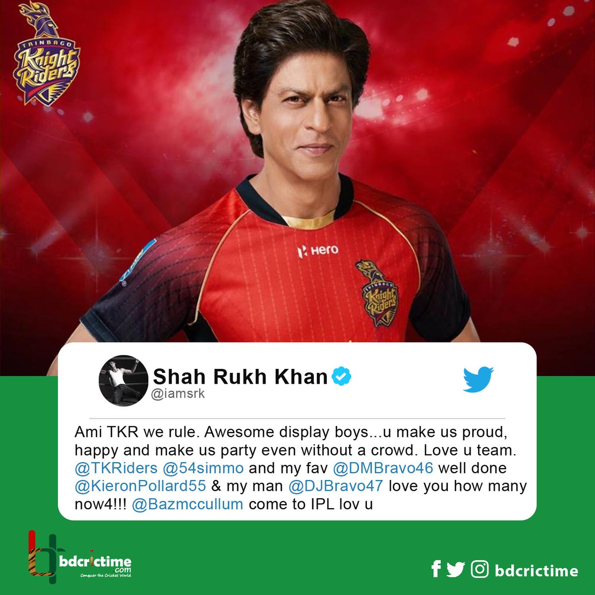 BDCricTime's tweet image. Shah Rukh Khan congratulates Trinbago Knight Riders. 

#CPL2020 #Champions #TKRvSLZ