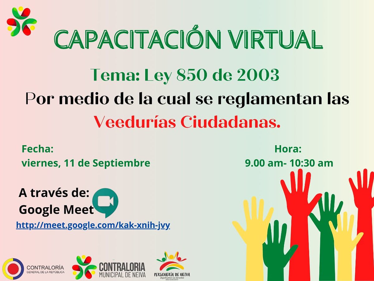 ContraloriaN's tweet photo. Cualquier inquietud escribir al  correo electrónico:
carlos.rivera@personerianeiva.gov.co

Link reunión. 
https://t.co/x4ktcH2eQR

Cupos limitados.

El Control Fiscal, Orgullo y Compromiso de Todos. https://t.co/S9Nuqqr1qr
