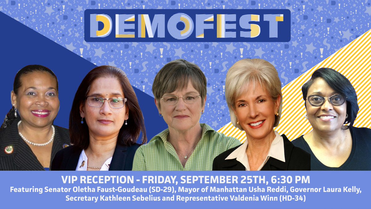 Kansas Dems (@kansasdems) on Twitter photo Introducing our Demofest VIP program featuring Senator <a href="/oletha29/">Oletha Faust-Goudeau</a>, Mayor of Manhattan <a href="/UshaReddiKS/">Usha Reddi</a>, <a href="/GovLauraKelly/">Governor Laura Kelly</a>, Secretary <a href="/Sebelius/">Kathleen Sebelius</a> and Representative <a href="/VCWKC34/">Valdenia Winn</a>! #ksleg
Reserve your spot today to make sure you’re there!
➡️ kansasdems.org/demofest Introducing our Demofest VIP program featuring Senator <a href="/oletha29/">Oletha Faust-Goudeau</a>, Mayor of Manhattan <a href="/UshaReddiKS/">Usha Reddi</a>, <a href="/GovLauraKelly/">Governor Laura Kelly</a>, Secretary <a href="/Sebelius/">Kathleen Sebelius</a> and Representative <a href="/VCWKC34/">Valdenia Winn</a>! #ksleg
Reserve your spot today to make sure you’re there!
➡️ kansasdems.org/demofest
