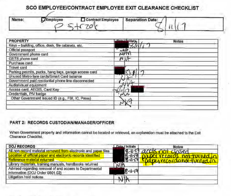 Why did Peter Strzok not turn in paper records when he left the SCO?