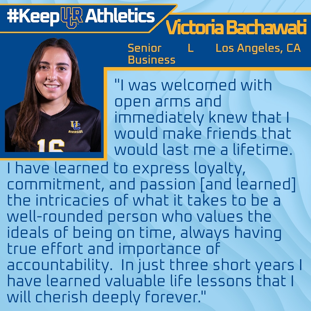 UCRVolleyball's tweet photo. #KeepUCRAthletics https://t.co/cjUHaiKKi8 Words from senior Victoria Bachawati on what she learned from @ucriversideย and @ucrvolleyball. Victoria aka Bachi aka Bach, is one of our Business majors and is an LA native. ย #UCRProudย #ucrย #ucrwvbย #ucrvbย #gohighlanders https://t.co/KQuesjKYDr
