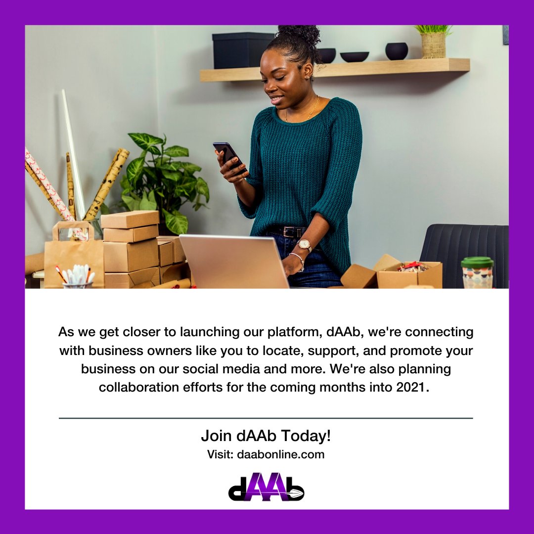 daabonline's tweet photo. As we get closer to launching our platform, dAAb, we're connecting with business owners like you to locate, support and promote your business on our social media and more. We're also planning collaboration efforts for the coming months into 2021. 

Visit https://t.co/Pgc752lKI0 https://t.co/avPQy5413t