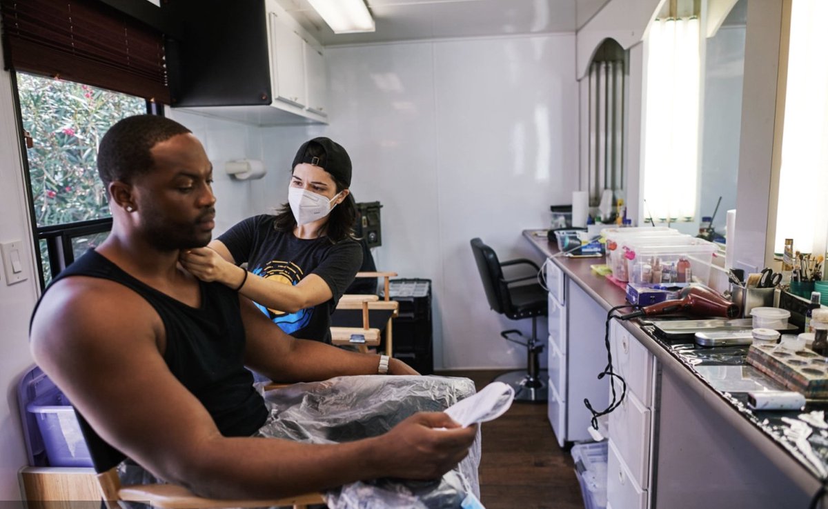 The makeup chair is an exercise in masked precision, not the relaxed sanctuary of pre-COVID Hollywood.